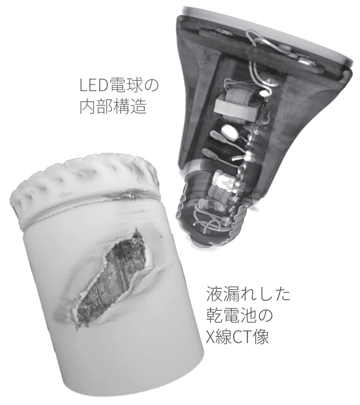 液漏れ乾電池とLED電球の内部構造(合成画像)